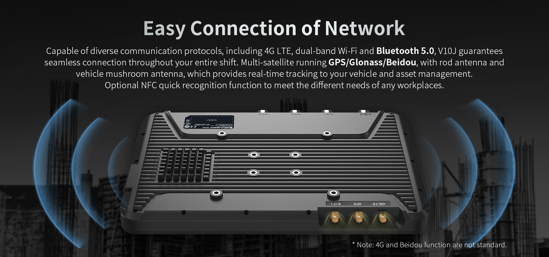 Vehicle-mounted device with 4G LTE, Wi-Fi, Bluetooth 5.0, GPS/Glonass/Beidou, and NFC support