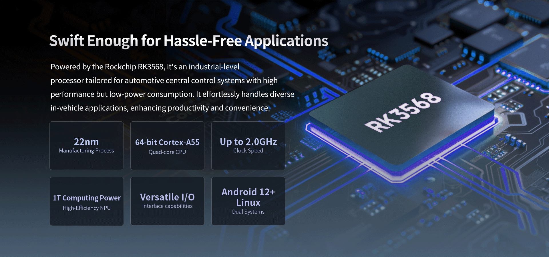 Powered by the Rockchip RK3568, it's an industrial-level processor tailored for automotive central control systems.