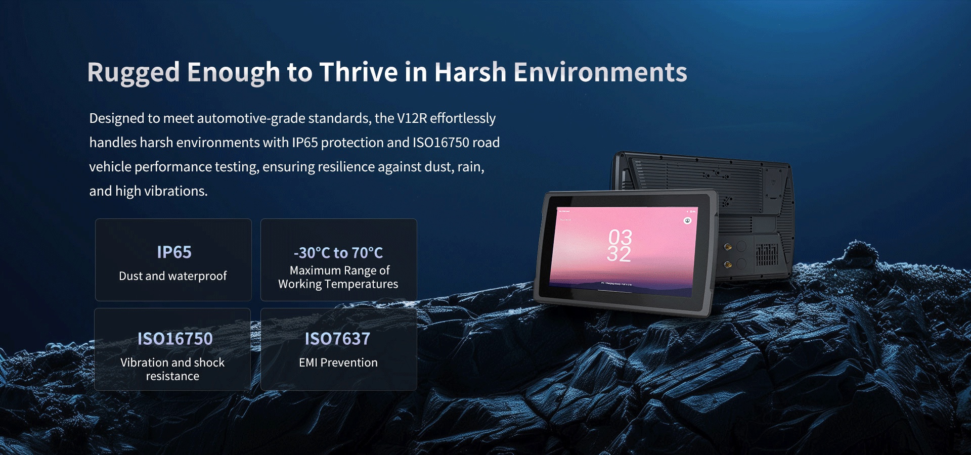 the Vl2R effortlesslyhandles harsh environmentsprotection and1S016750 roadvehicle performance testing,resilience against dust, rain,and high vibrations
