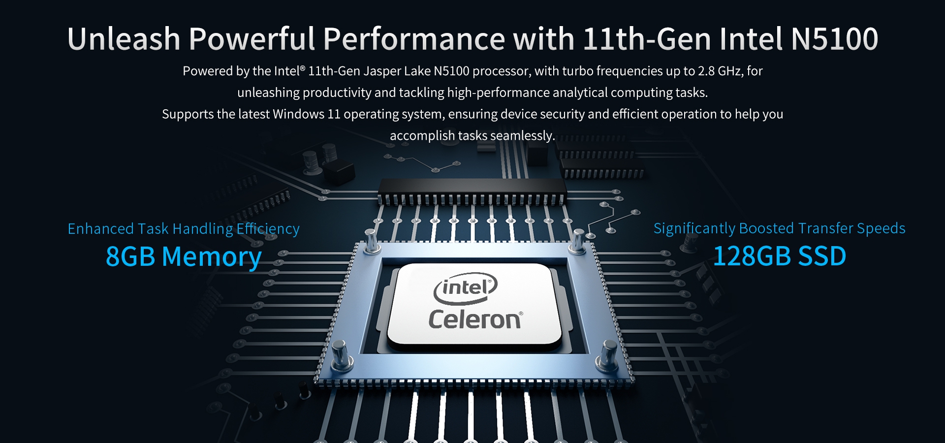 Powered by the intel" 1lth-Gen Jasper Lake N5100 processor, with turbo frequencies up to 2.8 GHz