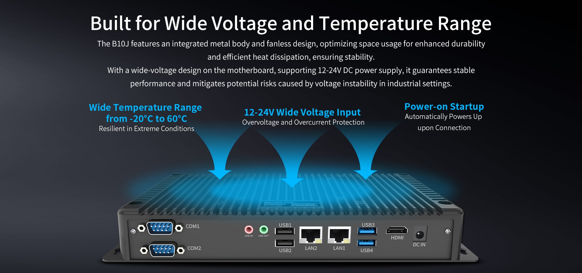 The B10J features an integrated metal body and fanless design, optimizing space usage for enhanced durability and efficient heat dissipation, ensuring stability.