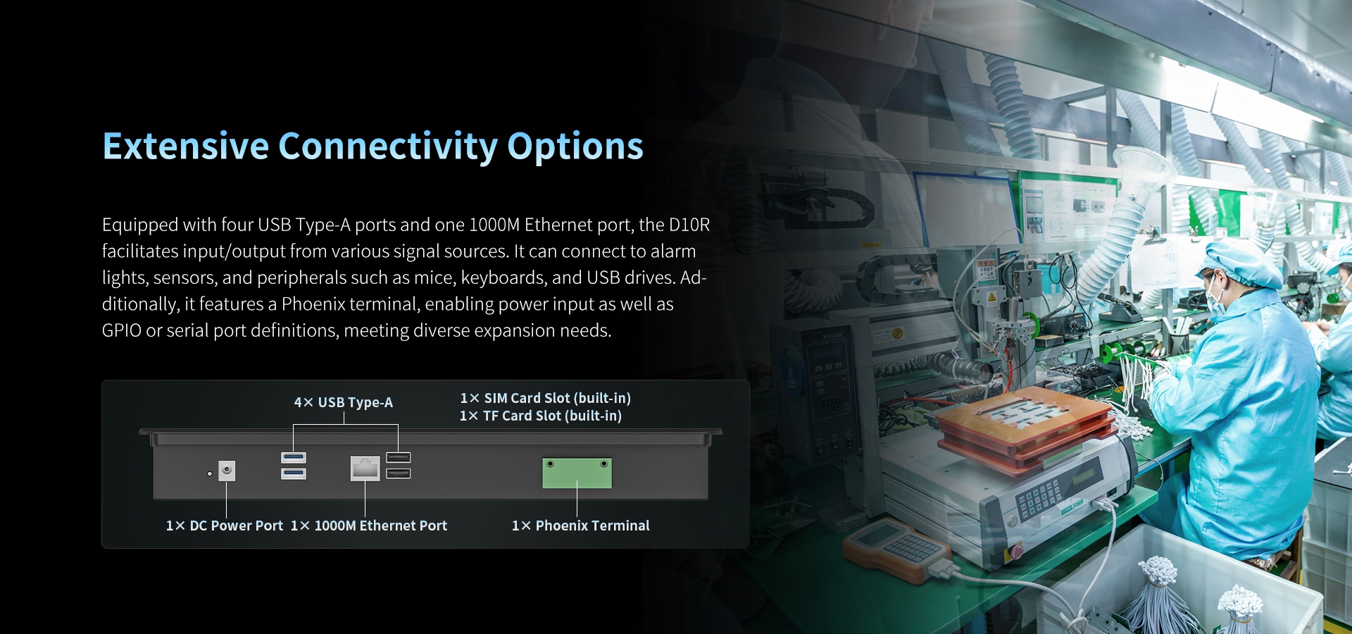 Equipped with four USB Type-A ports and one 1000M Ethernet port, the D10Rfacilitates input/output from various signal sources.