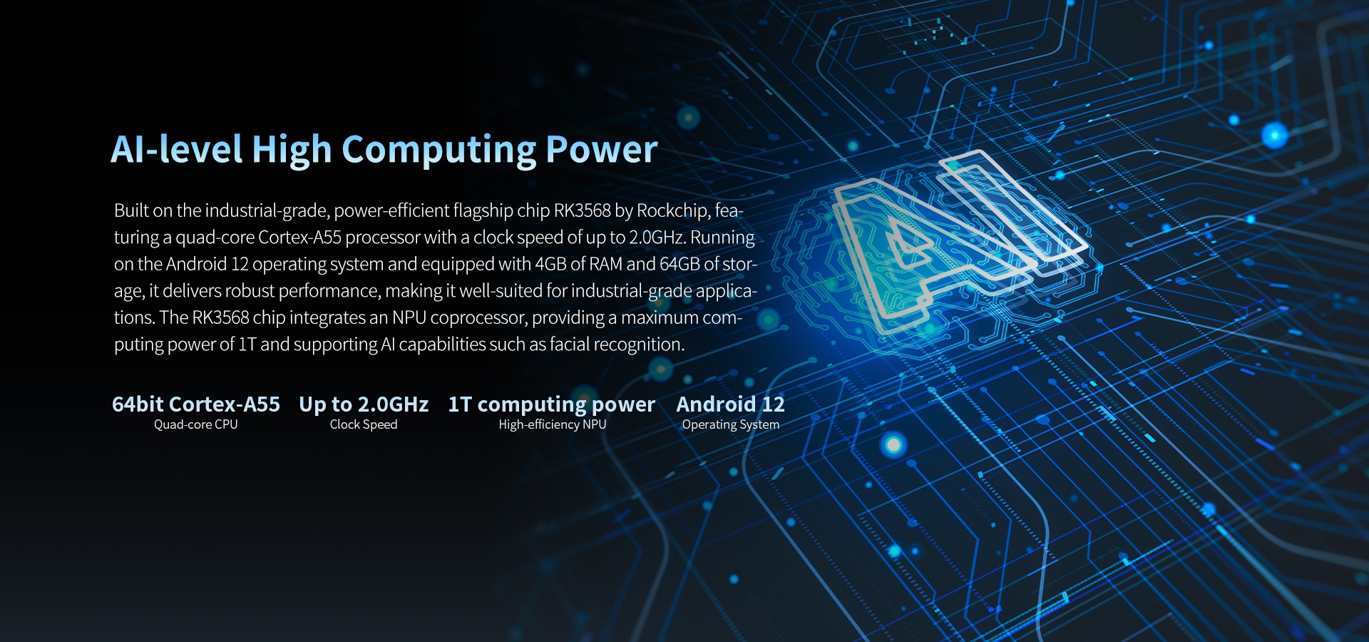 Built on the industrial-grade, power-efficient flagship chip Rk3568 by Rockchip, featuring a quad-core Cortex-A55 processor with a clock speed ofup to 2.0GHz.