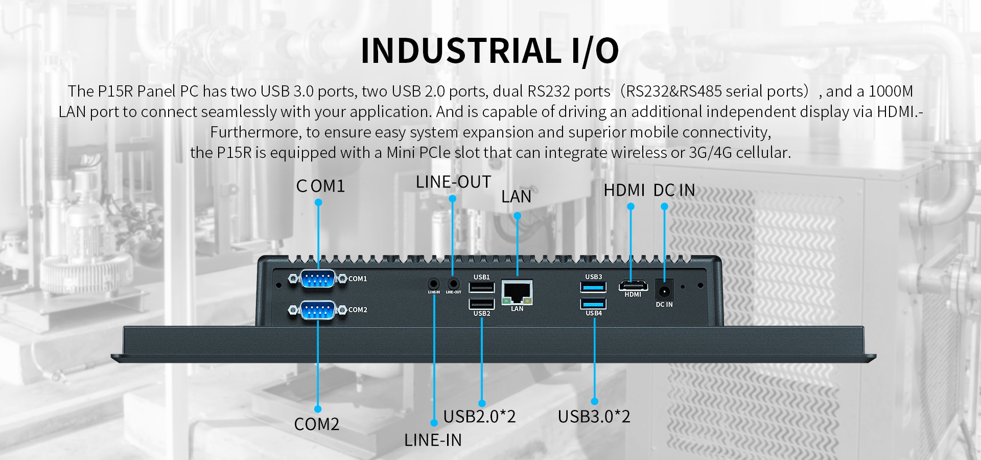The Pl5R Panel Pc has two UsB 3.0 ports, two UsB 2.0 ports, dual Rs232 pots (Rs232&Rs485),and a 1000MLAN port to connect seamlessly with your application.