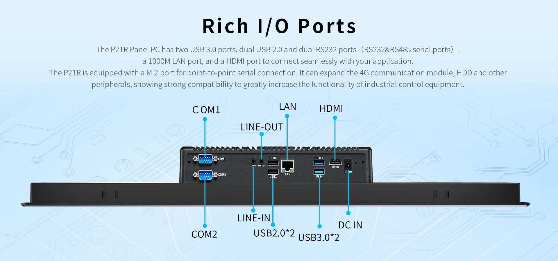 The P21R Panel PC has two USB 3.0 ports, dual USB 2.0 and dual RS232 ports(RS232&RS485 serial ports).