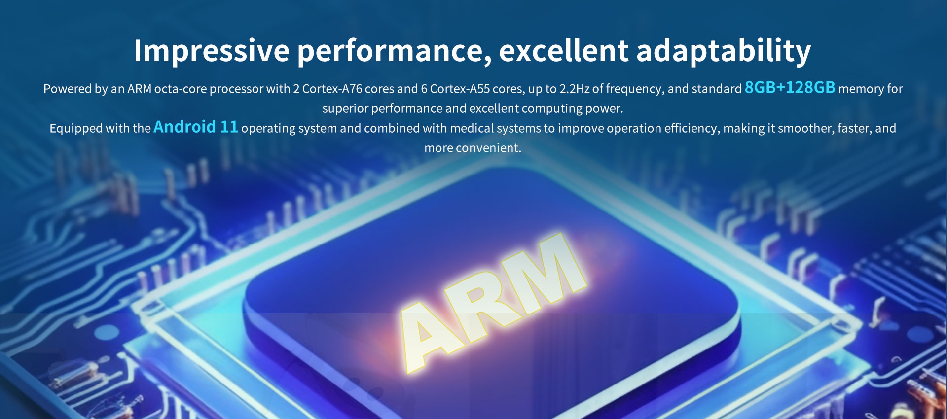 Powered by an ARM octacore processor with 2 cortexA76 cres and 6 cortex-A55 cores. up to 2.2Hz of frequency, and standard 8GB+128GB memony.