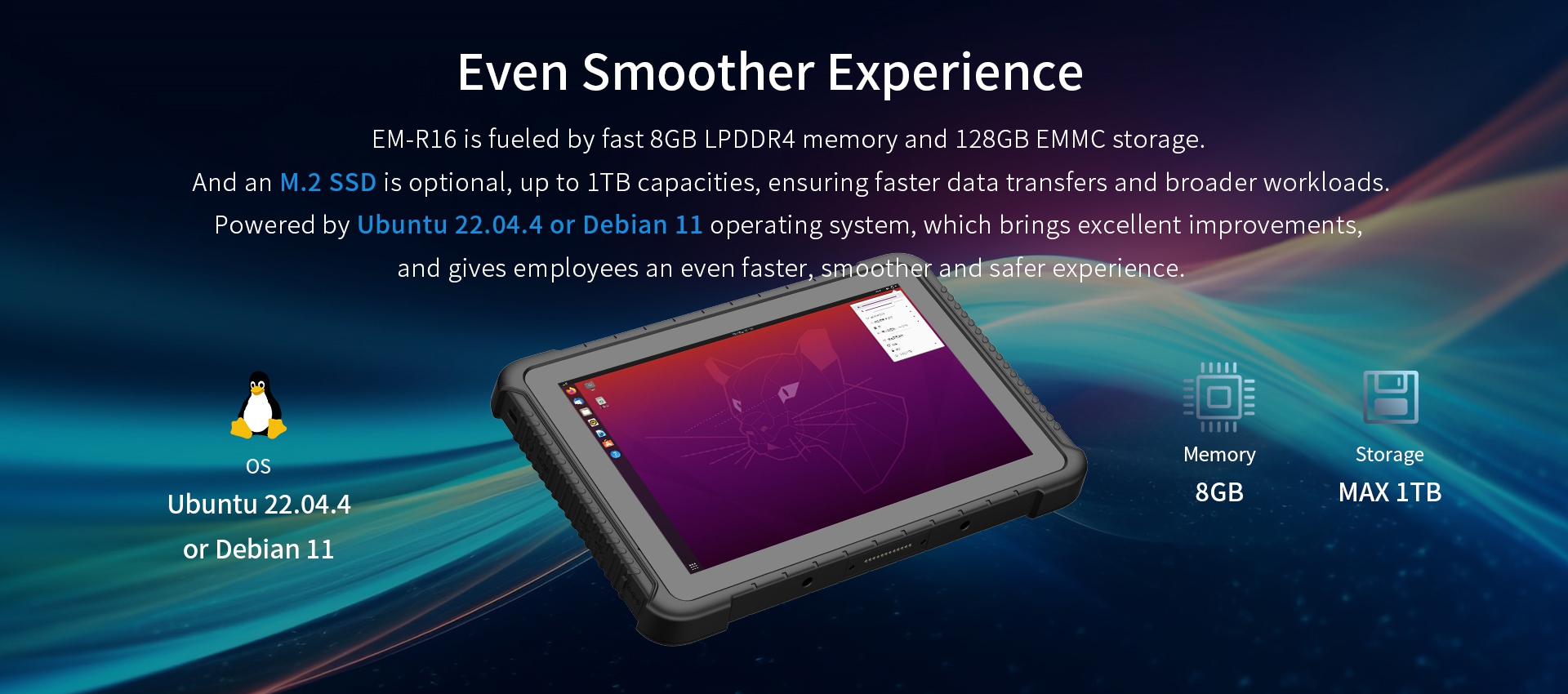EM-R16 with 8GB LPDDR4 RAM, 128GB eMMC storage, optional M.2 SSD up to 1TB, and Ubuntu 22.04.4 or Debian 11 OS for faster, smoother, and safer performance.