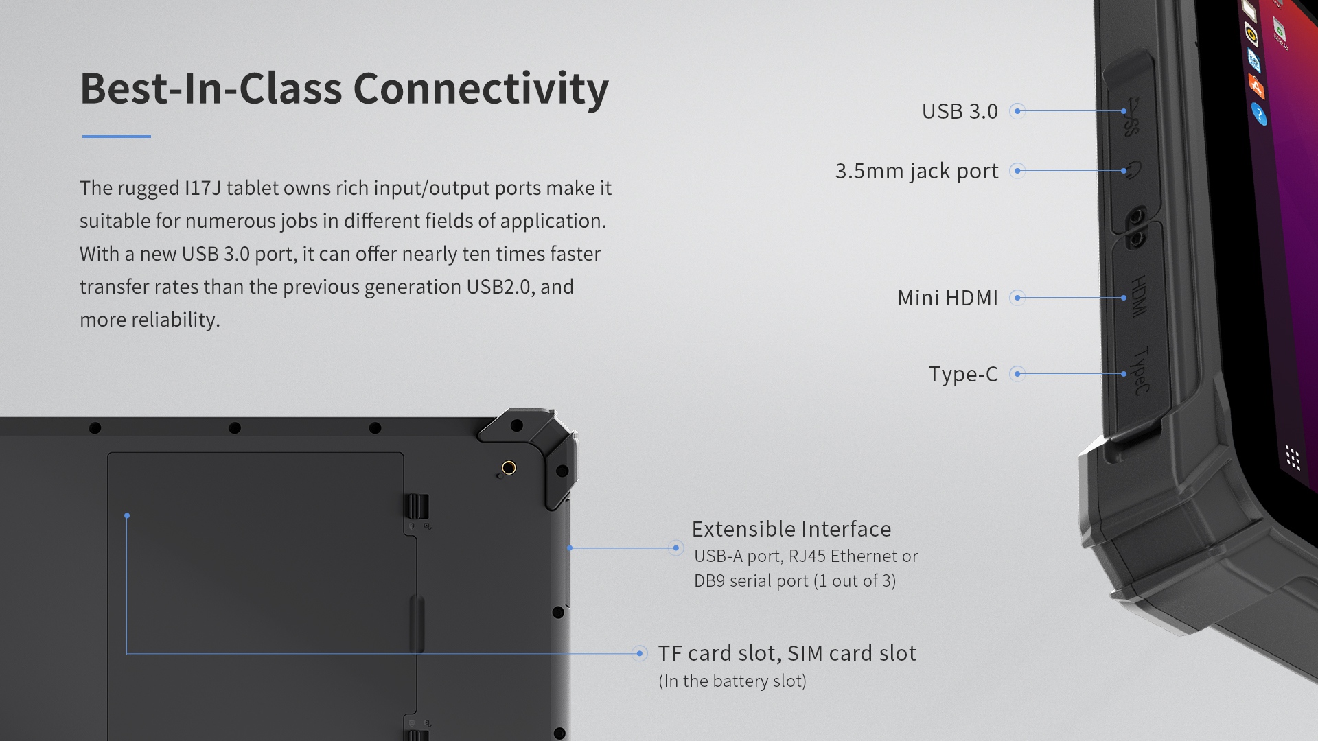 The rugged l17J tablet owns rich input/output ports make itsuitable for numerous jobs in different fields of application.