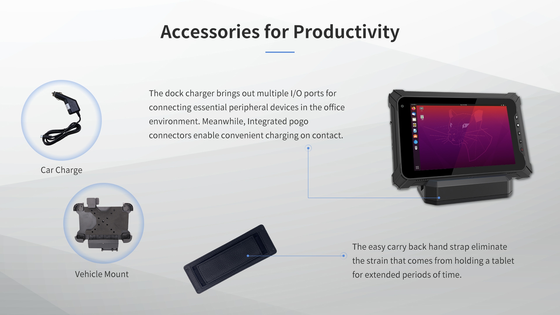 The dock charger brings out multiple l/0 ports forconnectingessential peripheral devices in the officeenvironment.