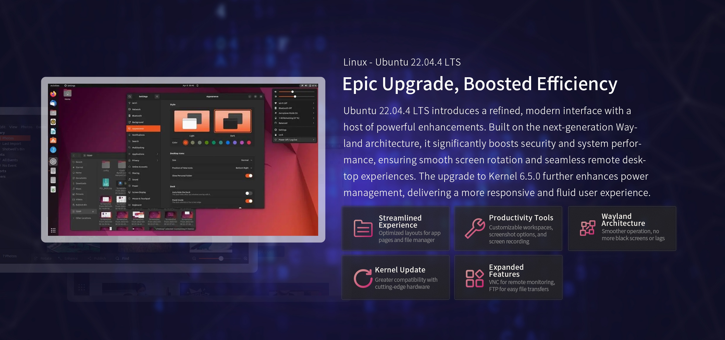 Ubuntu 22.04.4 LTS with Wayland and Kernel 6.5 for enhanced performance, UI, and remote productivity