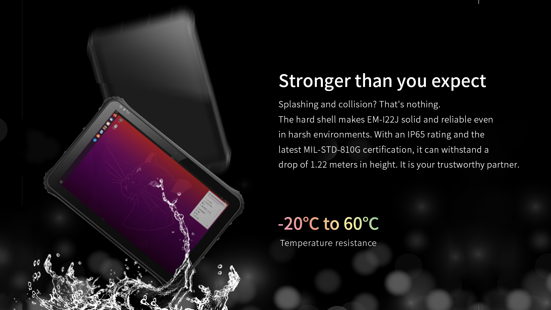 Splashing and collision? That's nothing.The hard shell makes EM-l22J solid and reliable evenin harsh environments.