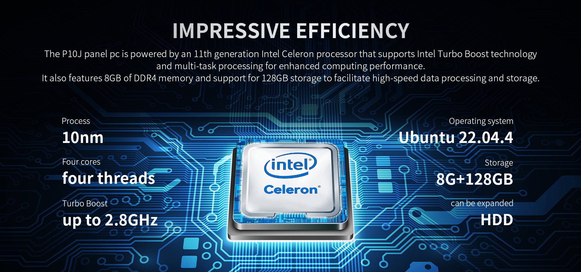 P10J panel PC with 11th Gen Intel Celeron, Turbo Boost up to 2.8GHz, 8GB DDR4, 128GB storage, 10nm quad-core, Ubuntu 22.04.4, expandable HDD.
