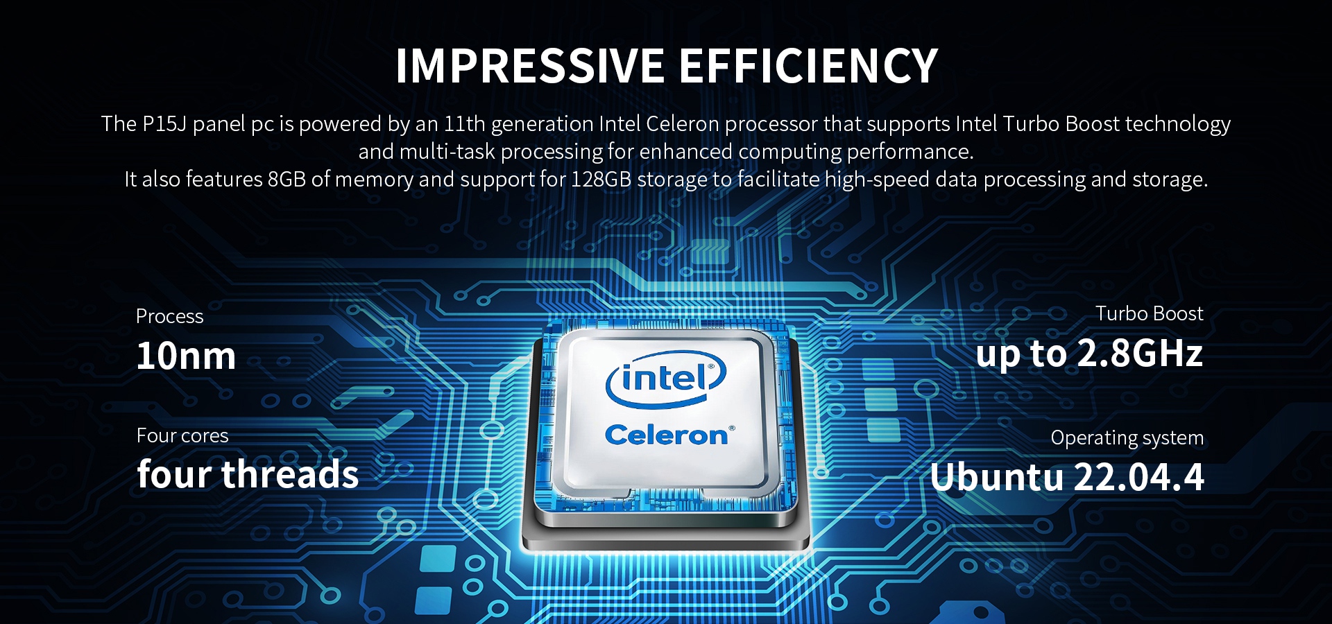 P15J panel PC with 11th Gen Intel Celeron, Turbo Boost up to 2.8GHz, 8GB RAM, 128GB storage, 10nm quad-core processor, and Ubuntu 22.04.4 OS.