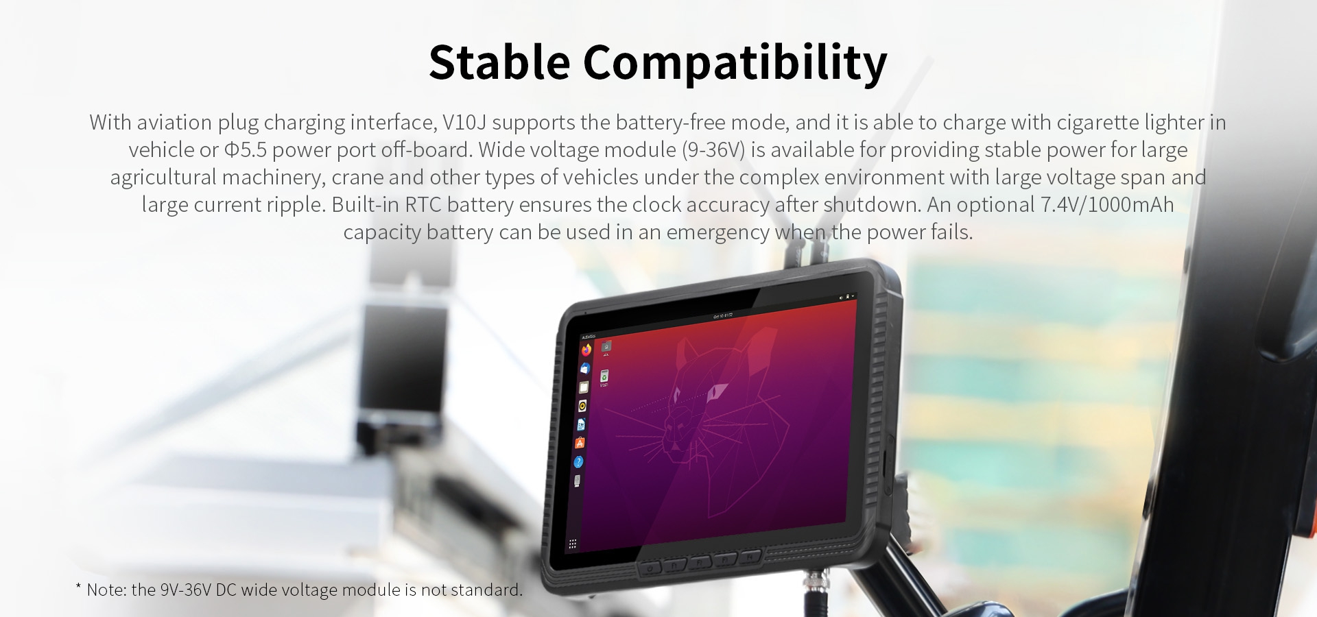 Ubuntu-powered rugged tablet with 9–36V wide voltage support for stable in-vehicle compatibility