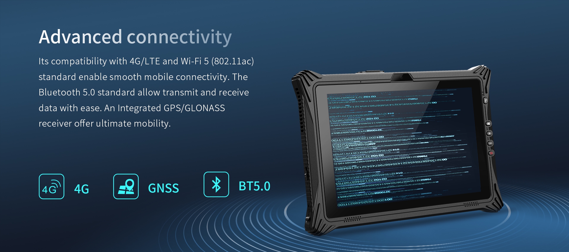 4G/LTE and Wi-Fi5 (802.11ac)standard. TheBluetooth 5.0 standard. An Integrated GPS/GLONASS.
