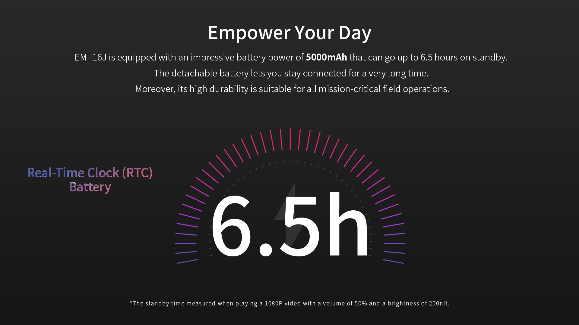 EM-I16J is equipped with an impressive battery power of 5000mAh that can go up to 6.5 hours on standby.