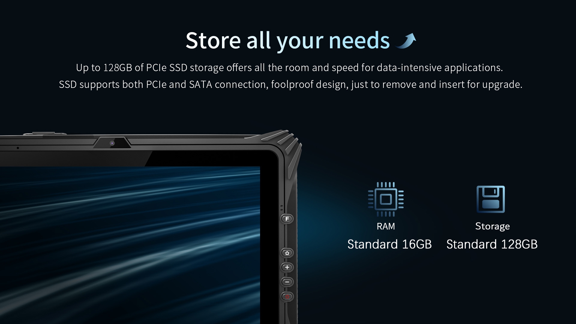 Up to 128GB of PCle SSD storage offers all the room and speed for data-intensive applications.