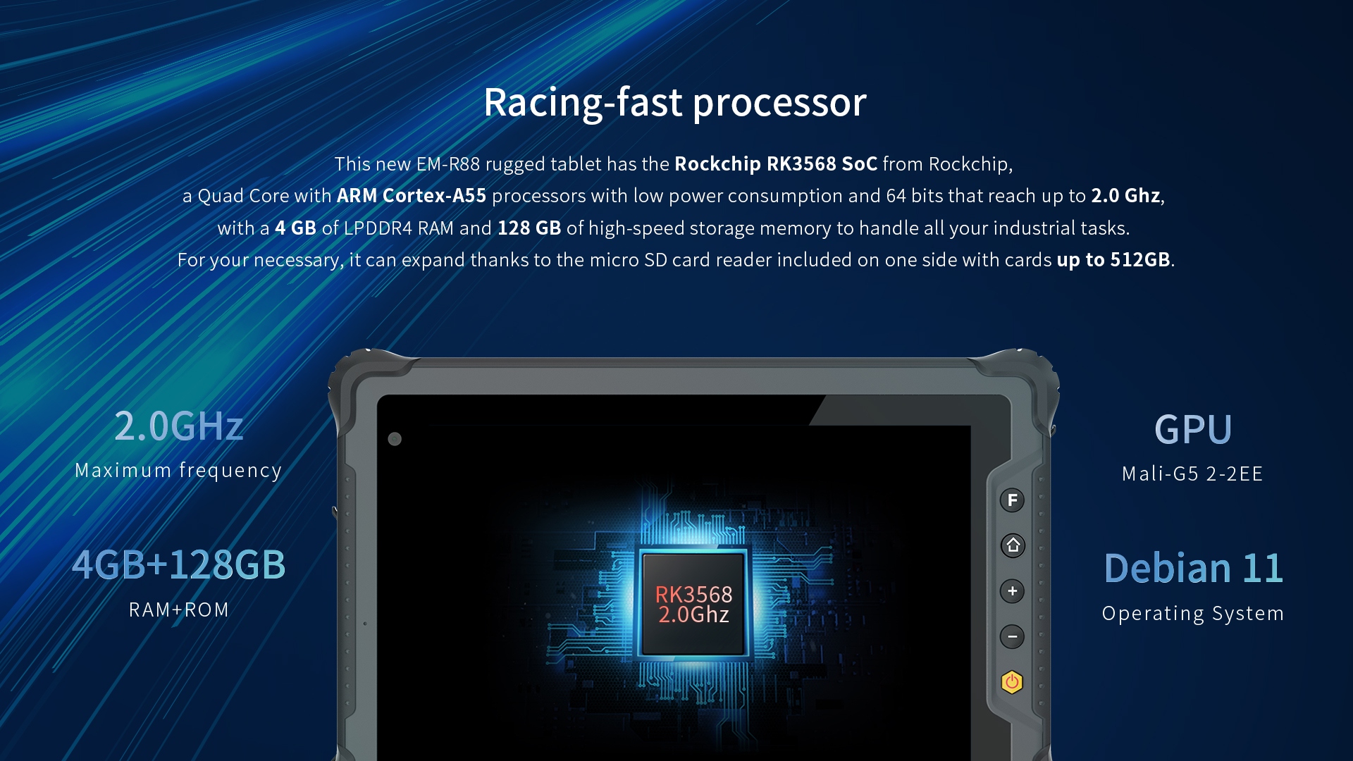 EM-R88 rugged tablet with Rockchip RK3568 SoC, Quad-Core ARM Cortex-A55 at 2.0GHz, 4GB LPDDR4 RAM, 128GB storage, and micro SD expandable up to 512GB for industrial tasks.