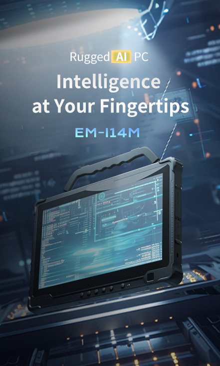 The EM-I14M Rugged AI PC, a durable tablet computer with a carrying handle, displaying an advanced user interface.