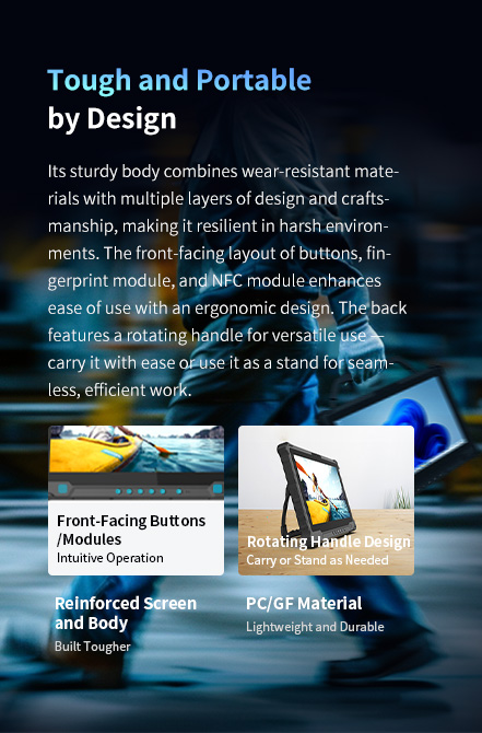 An overview of the tablet's tough and portable design, showcasing its reinforced body and a multi-functional rotating handle for carrying or use as a stand.