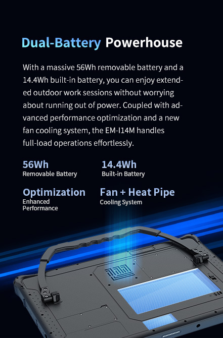 An overview of the EM-I14M tablet as a dual-battery powerhouse, showing its 53.58Wh removable battery and its fan and heat pipe cooling system.