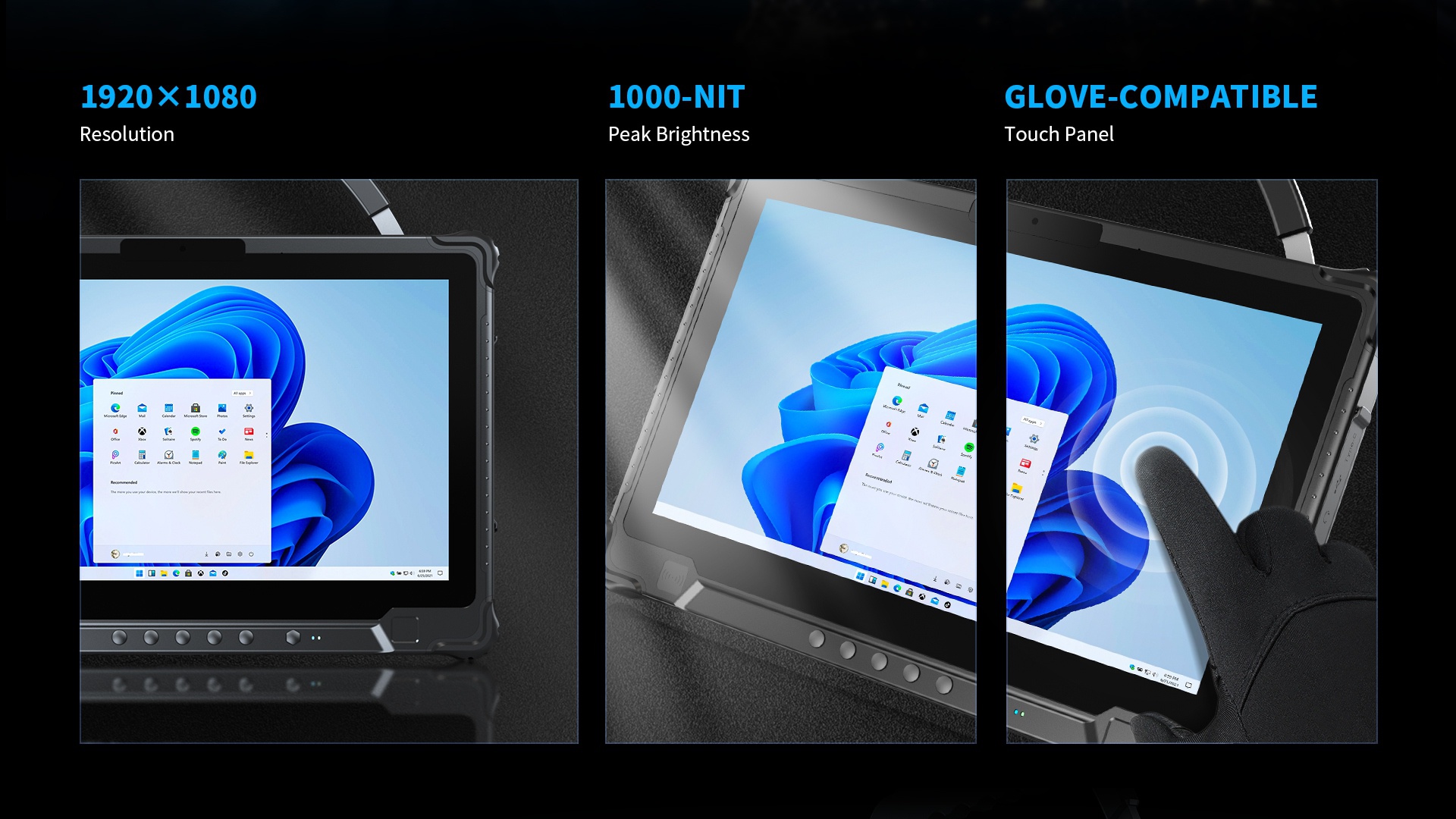 A three-panel graphic showcasing the tablet's screen features: its 1920x1080 resolution, 1000-nit peak brightness, and glove-compatible touch panel.