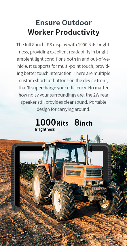 V8T tablet with 8-inch IPS display at 1000 nits brightness, multi-point touch, custom shortcut buttons, 2W rear speaker, and portable design for outdoor worker productivity