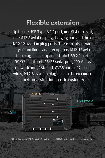 V80T tablet with USB 2.0, SIM slot, M12-8/M12-12 plugs, expandable to RS232, RS485, CAN, or Ethernet for flexibility