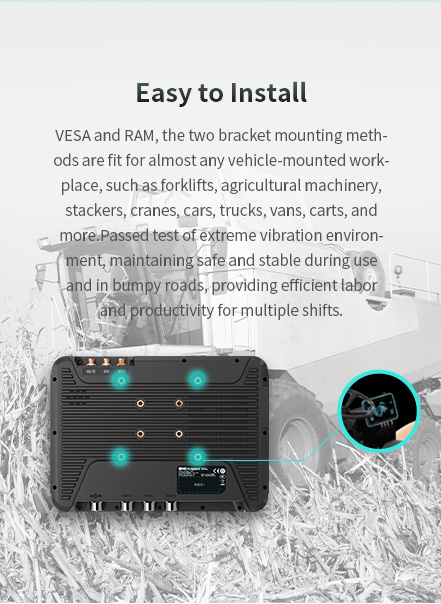 V80T tablet with VESA/RAM mounts for easy install on forklifts, cranes, trucks, stable in vibration for multi-shift use