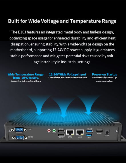 The B10J features an integrated metal body and fanless design, optimizing space usage for enhanced durability and efficient heat dissipation, ensuring stability.