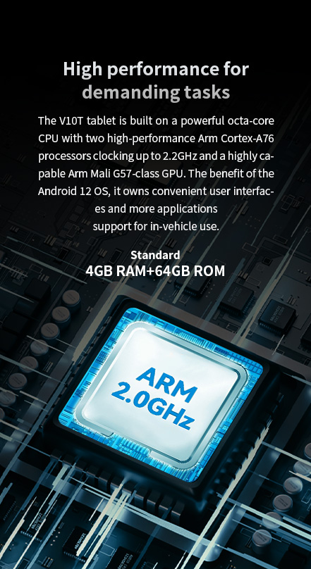 "V10T tablet featuring octa-core CPU with Arm Cortex-A76 processors at 2.2GHz, Arm Mali G57 GPU, and Android 12 OS for enhanced in-vehicle user interface and app support"