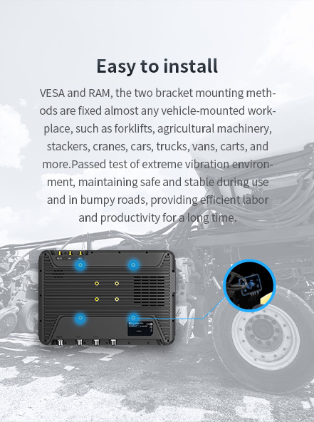 V10T tablet with VESA and RAM mounts for easy installation on forklifts, cranes, trucks, and more, stable in extreme vibration for enhanced productivity