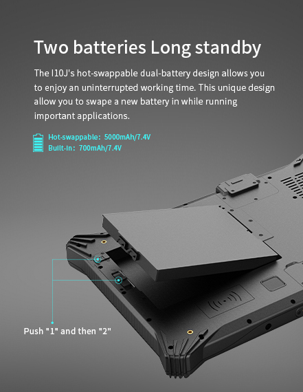 Two batteriesLong standby- The l10J's hot-swappable dual-battery design allows youto enjoy an uninterrupted working time. 