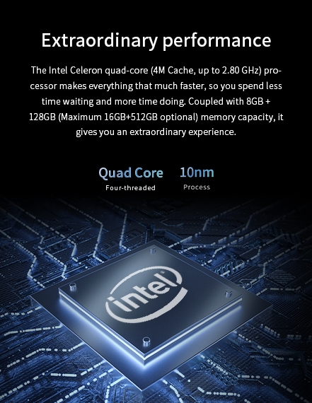 A graphic detailing the device's performance, featuring an Intel Celeron quad-core processor (up to 2.80 GHz) and 8GB of RAM with 128GB of storage.