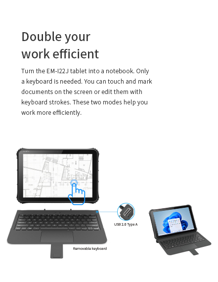 An illustration of the EM-I22J tablet's 2-in-1 design, showing how the removable keyboard converts it from a tablet into a notebook for work.