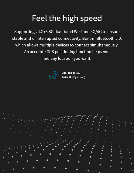 A graphic detailing the tablet's high-speed connectivity, featuring optional dual-mode 5G, dual-band Wi-Fi, 4G, Bluetooth 5.0, and GPS.