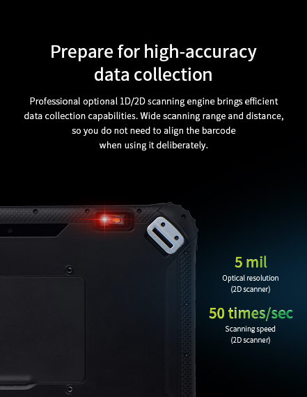 A close-up of the tablet's professional 1D/2D barcode scanning engine, highlighting its 5 mil optical resolution and 50 times/sec scan speed.