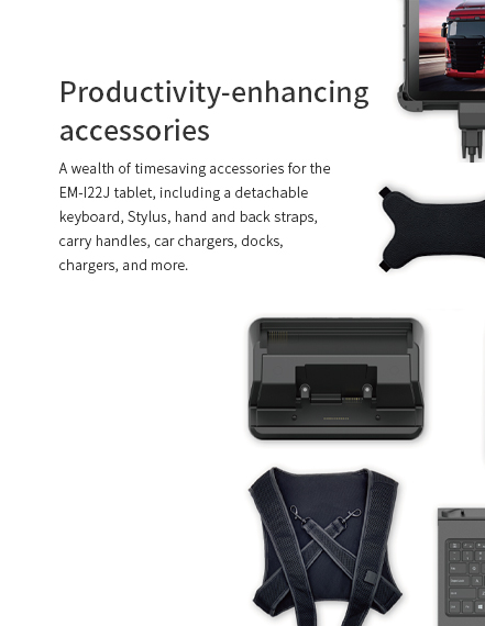 An overview of the productivity-enhancing accessories for the EM-I22J tablet, including its vehicle dock, detachable keyboard, stylus, and carrying straps.