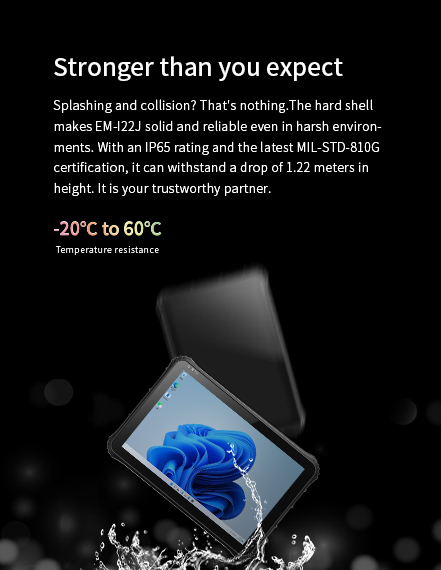 A graphic highlighting the rugged durability of the EM-I22J tablet, showcasing its IP65 rating, MIL-STD-810G certification, and 1.22m drop resistance.