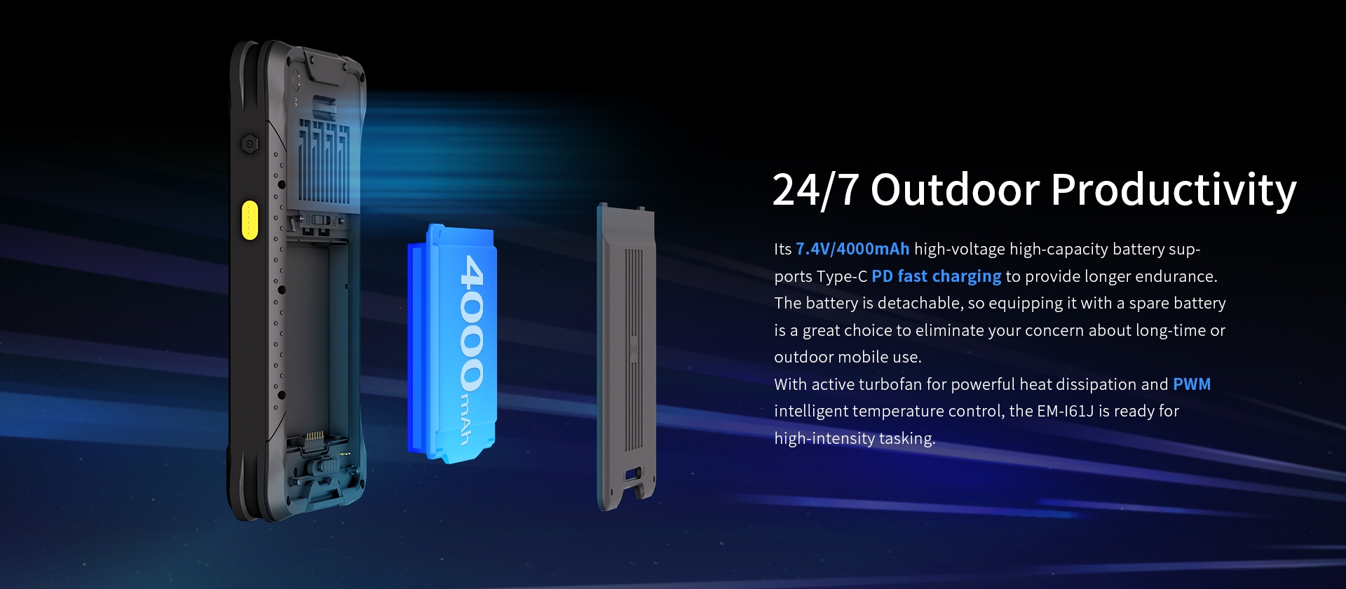 Emdoor EM-l61J rugged PDA, 7.4V 4000mAh detachable battery, Type-C PD fast charging, active turbofan, PWM temperature control