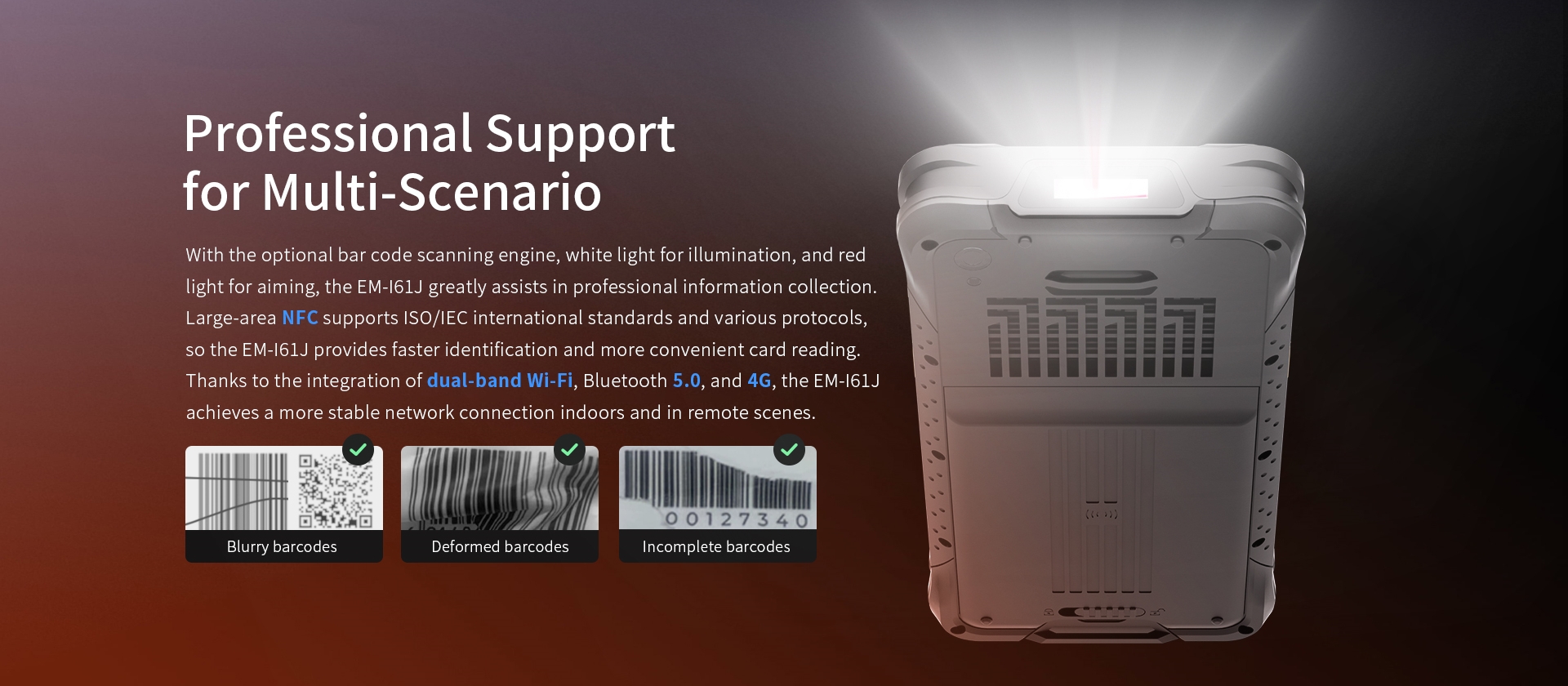 Emdoor EM-l61J rugged PDA with barcode scanner, white/red light, NFC, dual-band Wi-Fi, Bluetooth 5.0, 4G for professional use