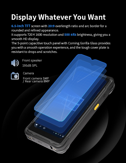 Emdoor EM-l6lJ 6.5-inch TFT screen, 720x1600, 400 nits, Gorilla Glass, drop-resistant, 10-point touch