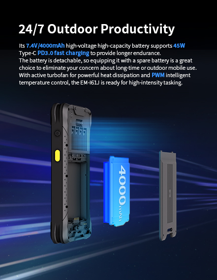 Emdoor EM-l61J rugged PDA, 7.4V 4000mAh detachable battery, Type-C PD fast charging, active turbofan, PWM temperature control