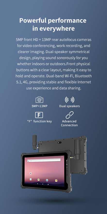 5MP front HD + 13MP Dual-band Wi-Fi, Bluetooth 5.1,4G,providing stable and flexible Internet use experienceand data sharing.