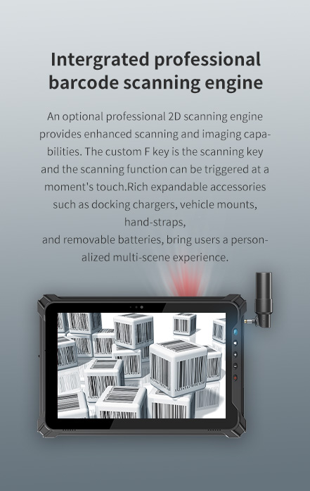 Integrated 2D barcode scanner with enhanced imaging, custom F key trigger, and expandable accessories like chargers, mounts, straps, and removable batteries for multi-scene use.