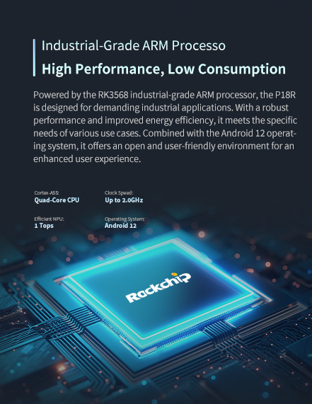 Powered by the RK3568 industrial-grade ARM processor, the Pl8Ris designed for demandingindustrial applications. 