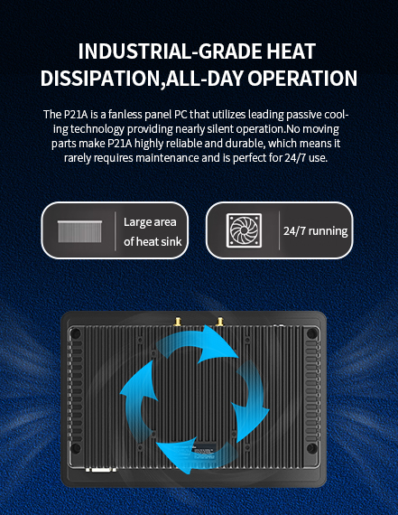 The P21A is a fanless panel PC that utilizes leading passivecooling technology providing nearly silent operation.