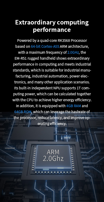 Emdoor EM-R51 rugged handheld with RK3568 quad-core 2.0GHz, 4GB RAM, 64GB ROM, NPU for industrial computing