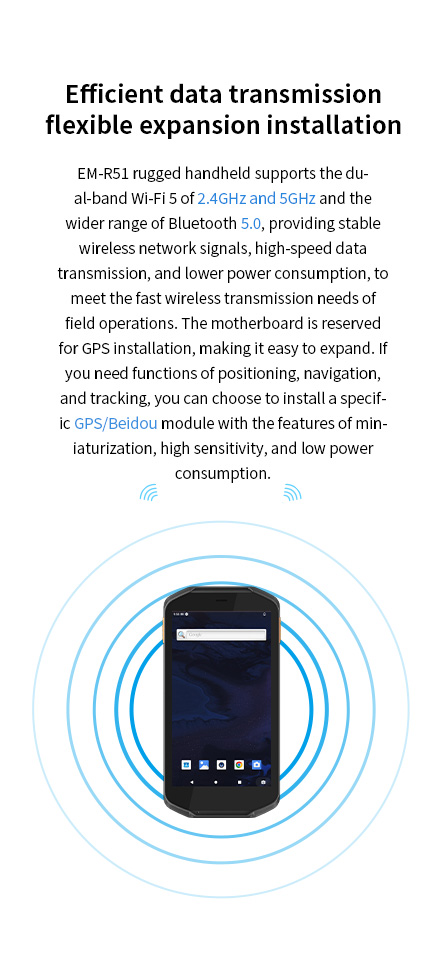Emdoor EM-R51 rugged handheld with dual-band Wi-Fi 5, Bluetooth 5.0, GPS/Beidou module for data transmission