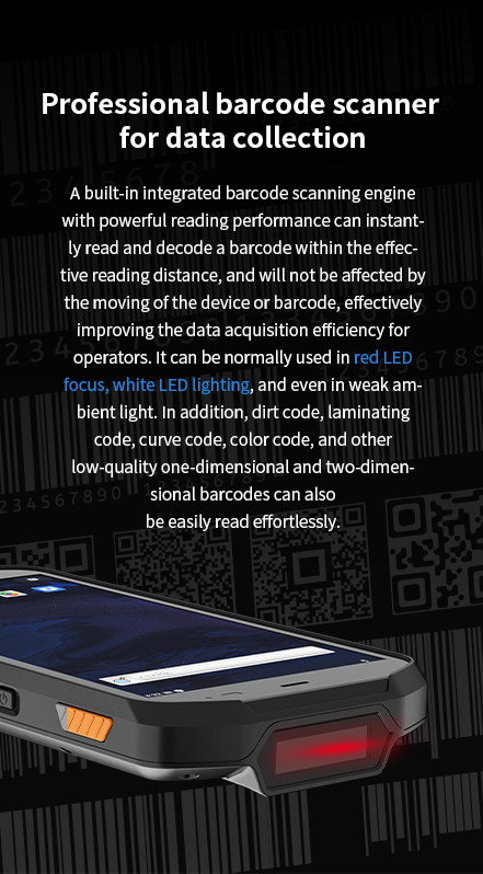 Emdoor EM-R51 rugged handheld with barcode scanner, red/white LED, reads 1D/2D barcodes in low light